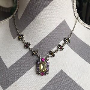 Multi Colored Crystal Necklace in Pewter Color